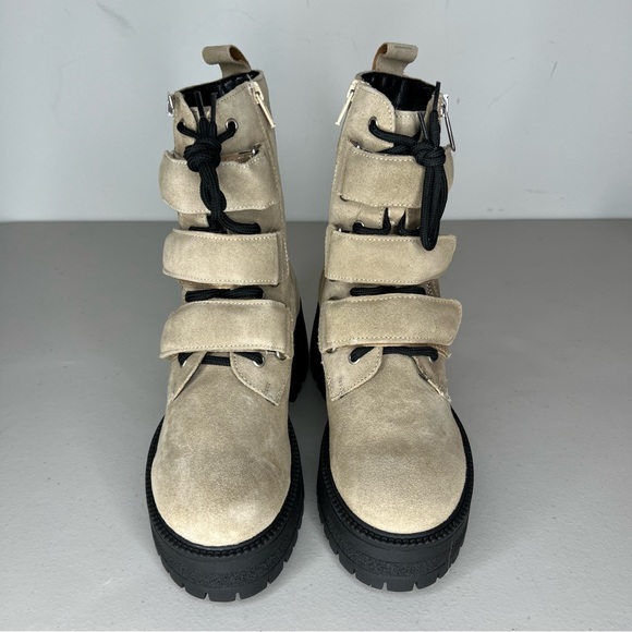 Free People Beige Latte Suede Emmet Lace Up Velcro Strap Up Boots Size 8 - Picture 3 of 8